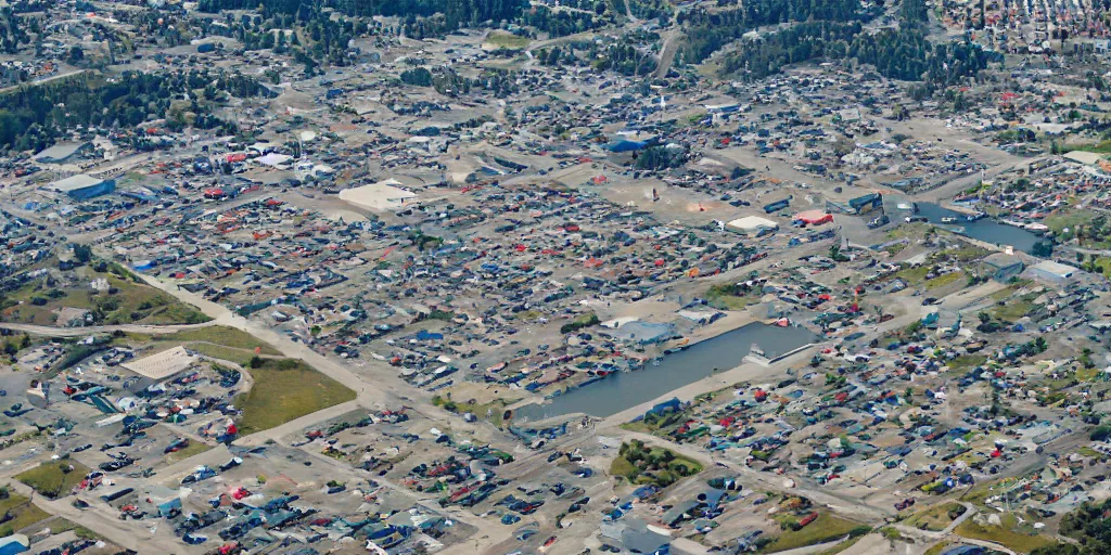 Image similar to bird's eye view of a city, trailer park, a road, bridge, and shipping dock area. town hall. photography