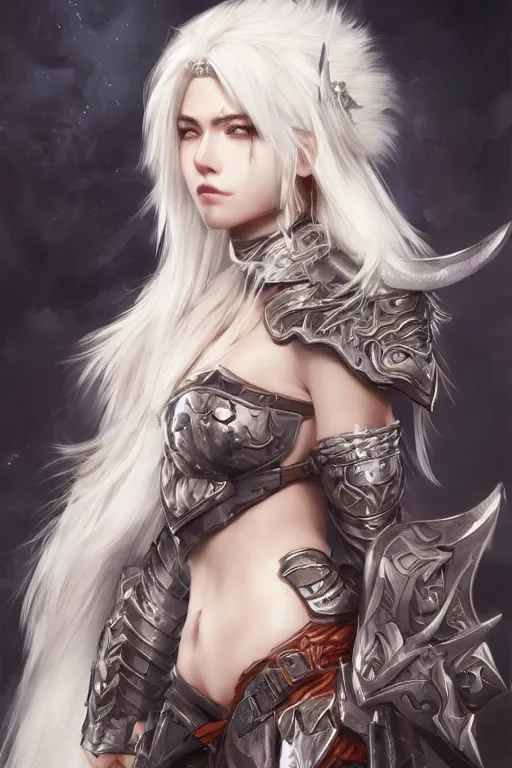 Image similar to A realistic anime portrait of a white haired female barbarian wearing an intricate armor, digital painting, by Stanley Artgerm Lau, Sakimichan, WLOP and Rossdraws, digtial painting, trending on ArtStation, SFW version