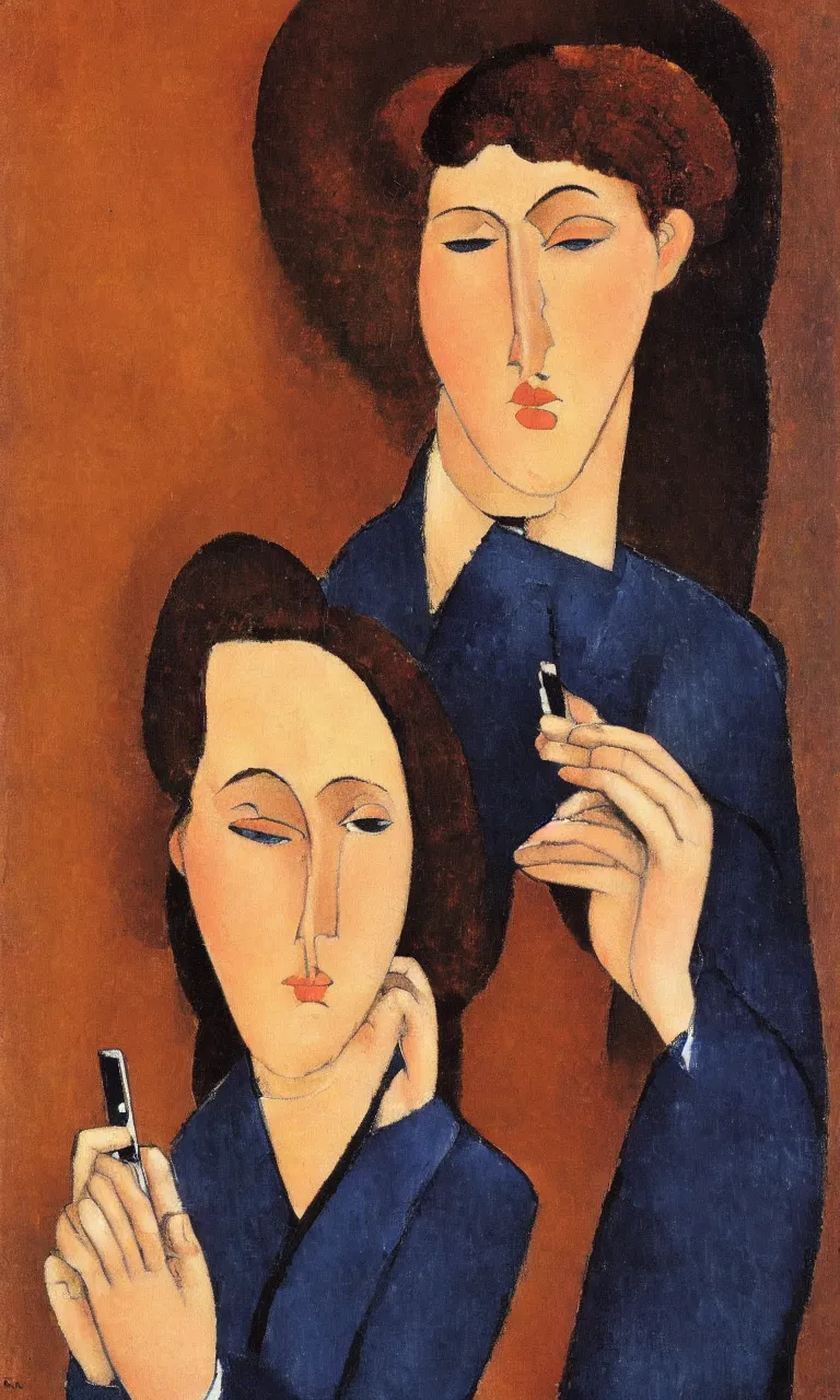 Image similar to amedeo modigliani. close up portrait of a woman with brown hair and a blue rollneck sweather holding an iphone in her hand. very soft brush.