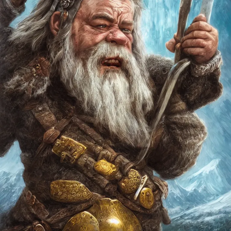 Image similar to dwarf with hammer in mountains, lord of the rings style, fantasy, poster, character portrait, portrait, close up, concept art, intricate details, highly detailed, full body, 8 k, detailed face, body