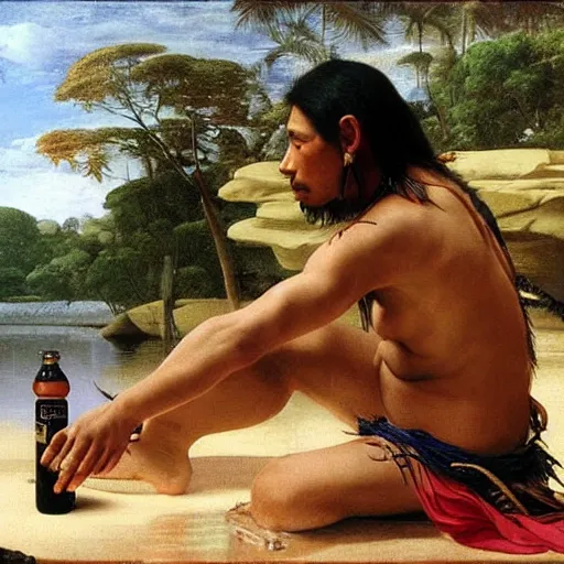 Image similar to beautiful oil matte painting, amazon indigenous tribe leader finding a plastic bottle at the shore, wonderful masterpiece highly detailed, beautiful cinematic light deep focus, elegant, digital painting, smooth, sharp focus, golden ratio, dramatic illumination, ultra realistic, 8 k, art by artemisia lomi gentileschi and caravaggio