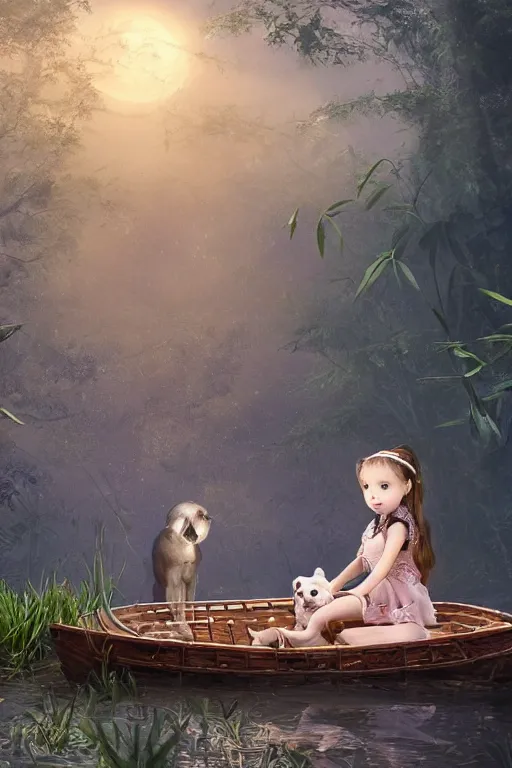 Prompt: a cute little girl with her puppy in a small bamboo boat, realism, renaissance ambience, moonlit night dreamy atmosphere, highly detailed twigs and plants in the forest, bioluminescent butterflies in the fog in a bokeh background, deep colors, photorealistic digital arts, smooth and rich color scheme, artstation, 8K