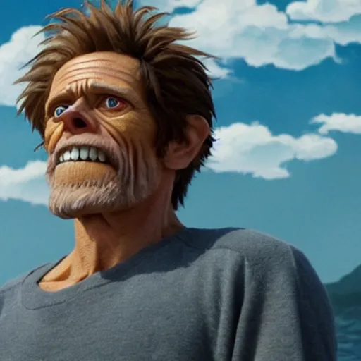 Prompt: a still of willem dafoe in spirited away, clean composition, beautiful background