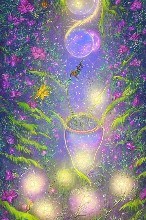 Prompt: beautiful digital matter cinematic painting of whimsical botanical illustration blue flowers moon fireflies tenchanted dark background, whimsical scene by alex grey artstation