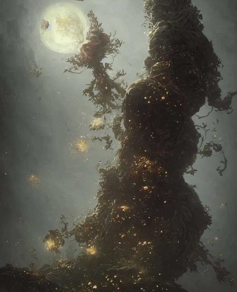 Image similar to a fancy portrait of a giant floating flower by Greg Rutkowski, Sung Choi, Mitchell Mohrhauser, Maciej Kuciara, Johnson Ting, Maxim Verehin, Peter Konig, Bloodborne , 8k photorealistic, cinematic lighting, HD, high details, atmospheric , trending on artstation