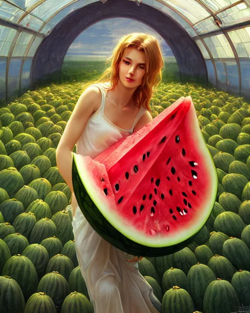 Image similar to an angel living inside a giant watermelon, watermelon house, posing, highly detailed, digital painting, artstation, concept art, smooth, sharp focus, illustration, art by artgerm and greg rutkowski and alphonse mucha