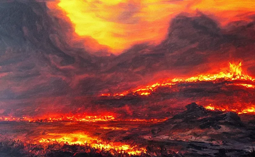 Prompt: post apocalyptic landscape in fire in digital art oil canvas
