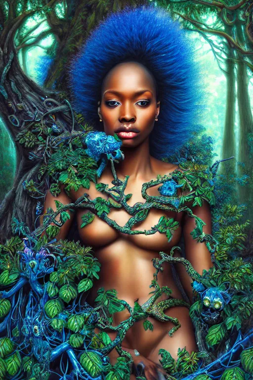 Image similar to hyperrealistic post - rococo super gorgeous! black woman with exoskeleton armor, merging with tree in a forest, highly detailed digital art masterpiece smooth cam de leon hannah yata dramatic pearlescent blue teal light ground angle hd 8 k sharp focus