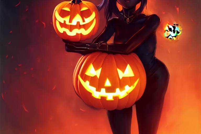 Image similar to portrait of black cat standing next to a jack - o - lantern, halloween night, charlie bowater, artgerm, ilya kuvshinov, krenz cushart, ruan jia, realism, ultra detailed, 8 k resolution