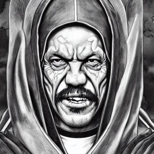 Image similar to Danny Trejo as church nun, dark fantasy, highly detailed, artstation, manga illustration by Kentaro Miura berserk