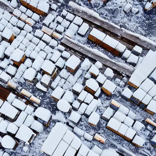 Image similar to sattelite image of post pocaliptic snow from 250 meters height, old lumber mill remains, few crates with wood and supply, beautiful icy area