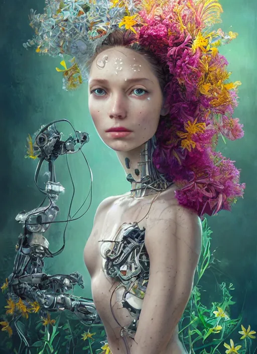 Image similar to a beautiful fine art portrait photo of a robot female cyborg, spread out curly hair covered by hibiscus, daffodils, hydrangea, montsera leaves by tom bagshaw and zach sutton, very detailed, bionic, cybernetic scifi, artstation, 8 k, holographic undertones, highly saturated colors