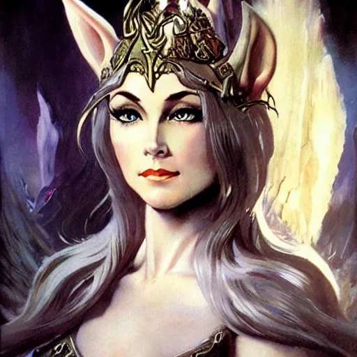 Prompt: elven queen character portrait by frank frazetta, fantasy, dungeons & dragons, sharp focus, beautiful, artstation contest winner, detailed