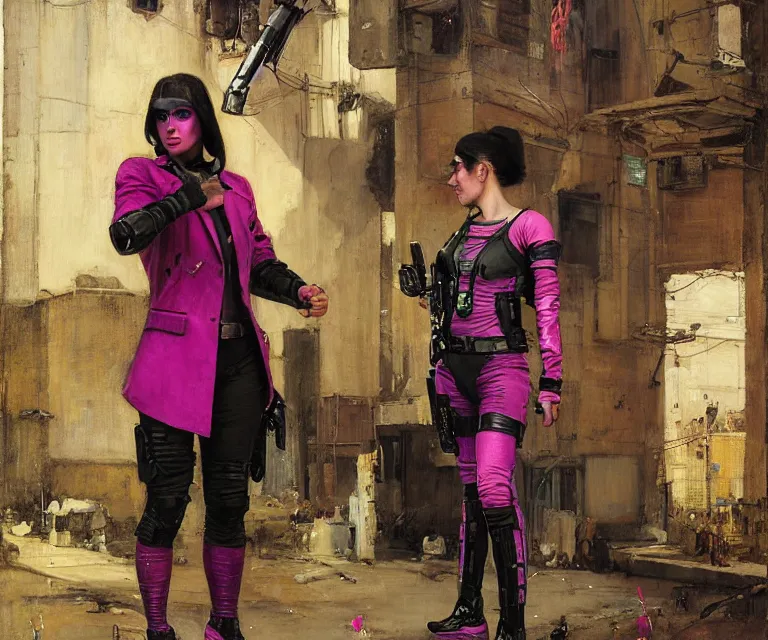 Image similar to Sara evades sgt Griggs. Fuchsia Cyberpunk hacker escaping Menacing Cyberpunk police trooper griggs wearing a combat vest. (dystopian, police state, Cyberpunk 2077, bladerunner 2049). Iranian orientalist portrait by john william waterhouse and Edwin Longsden Long and Theodore Ralli and Nasreddine Dinet, oil on canvas. Cinematic, vivid colors, hyper realism, realistic proportions, dramatic lighting, high detail 4k