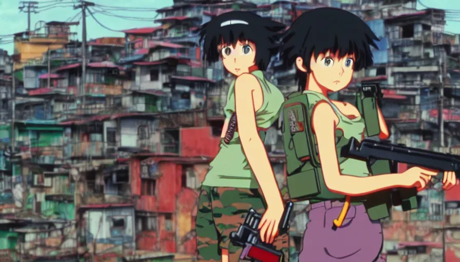 Image similar to 8 k screencap of a girl with a gun on a favela anime, by hayao miyazaki, studio ghibli, favela background extremely high quality artwork