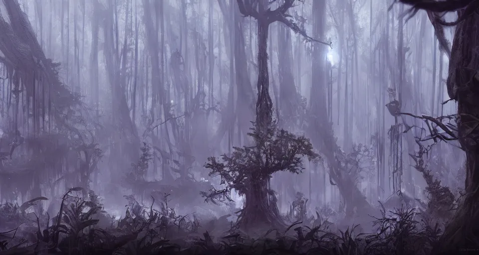 Image similar to A dense and dark enchanted forest with a swamp, by Blizzard Concept Artists