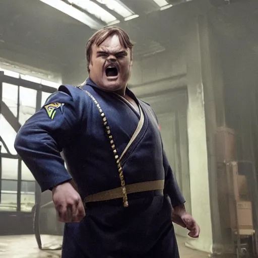 Image similar to movie still of jack black starring as guile in the 2 0 2 6 live action street fighter movie