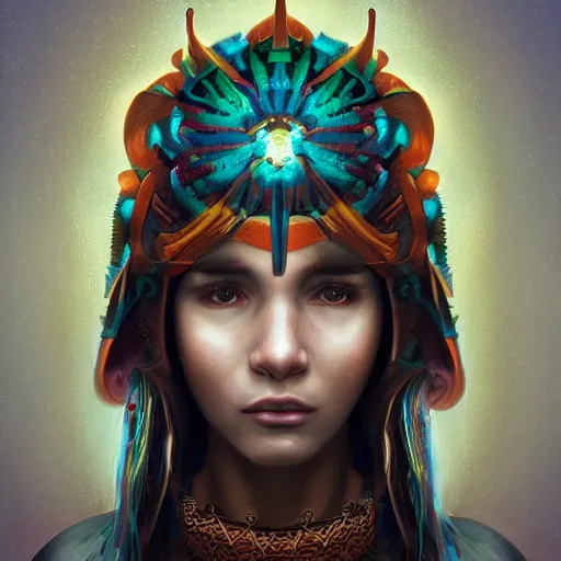 Image similar to portrait of a future metaverse ayahuasca tech shaman warrior, 2 d cartoon, visionary art, symmetric, magick symbols, holy halo, shipibo patterns, sci - fi, concept art, trending on art station, 8 k digital art, by mandy jurgens, fantasy portrait art, anime