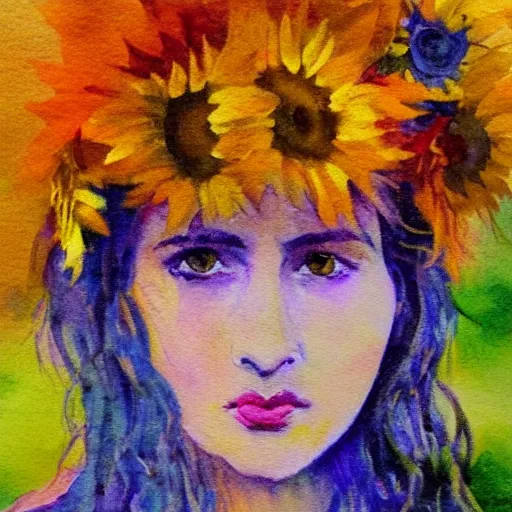 Image similar to molly sanden, watercolor, in the style of claude monet, beautiful face, sunflowers, fall leaves red and orange, award winning, hd, 4 k, purple, blue