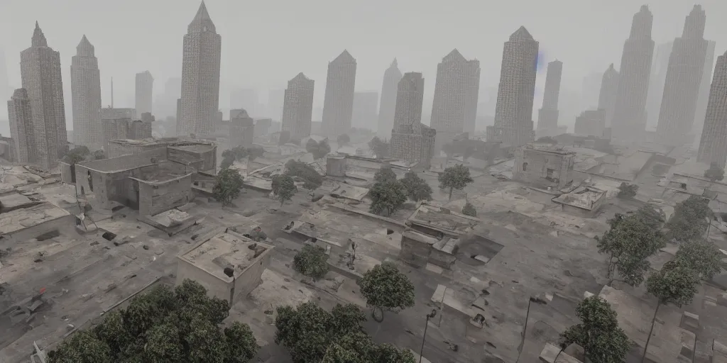 Image similar to wide - angle view of a deserted city with brutalism architecture and stone buildings with overcast and foggy weather. detailed, ultra - realistic, 4 k.