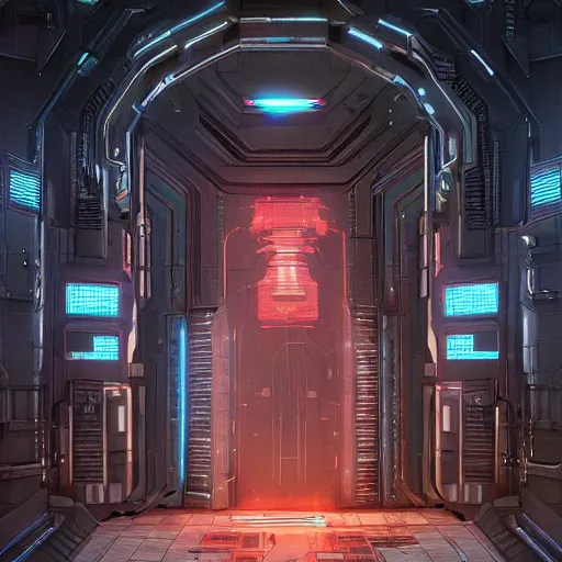 Image similar to giant cyberpunk vault door, imposing, highly detailed digital illustration by greg rutkowski, android netrunner