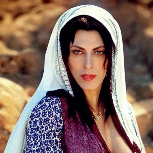 Prompt: Monica Belluci as an Arab woman, blue eyes