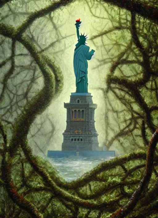 Image similar to hyper detailed oil painting of the statue of liberty; cracked, decaying, covered in moss and vines; thunderstorm; moody cinematic lighting, painted by Greg Rukowtski, trending on Artstation