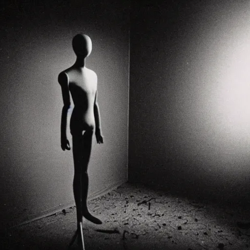 Image similar to Photograph of an old black room with a mannequin, dust in the air, brown wood cabinets, SCP, taken using a film camera with 35mm expired film, bright camera flash enabled, award winning photograph, sleep paralysis demon crabwalking towards camera, creepy, liminal space, in the style of the movie Pulse