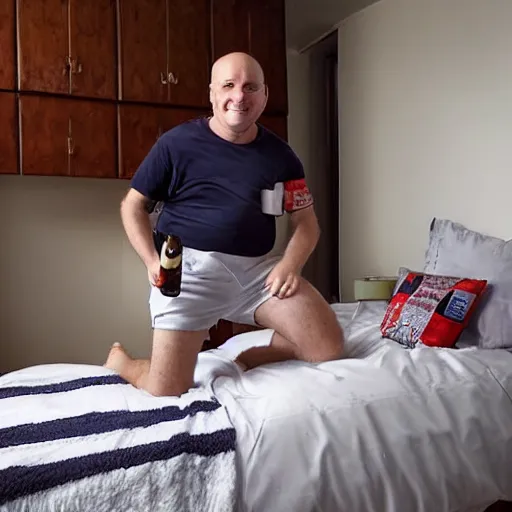 Prompt: a middle aged man, thinning hair, wearing under shirt and underpants, holding a beer, showing off his racecar bed in his apartment.