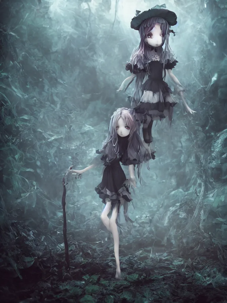 Image similar to cute fumo plush of a frail cursed witch girl wandering the depths of the forbidden jungle, gothic wraith maiden, wispy smoke and volumetric fog, beyond the mirror, filmic, symmetric beauty, vignette, vray