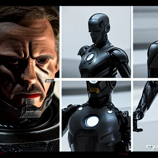Image similar to prometheus movie still frame, onyx and alabaster mcu ironman by giger, cyclop android - one eyed cyborg by giger