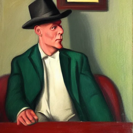 Prompt: a portrait painting of a man with a skull as his head, man is wearing a suit, the skull is green, in the style of edward hopper, 4 k,