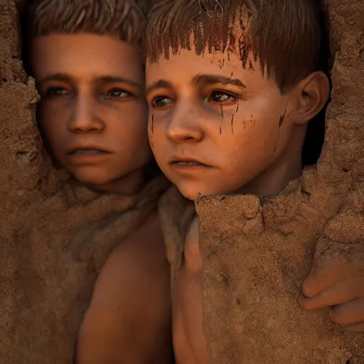 Image similar to portrait, 5 year old male twins in ancient Canaanite clothing looking at each other suspiciously, dramatic lighting, cinematic, establishing shot, high detail, photo realistic, cinematic lighting, post processed, concept art, artstation, matte painting, style by eddie mendoza, raphael lacoste, alex ross