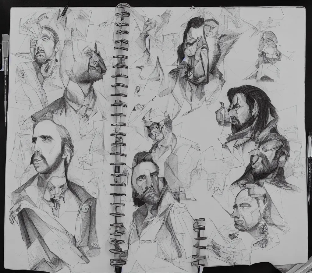 Prompt: many sketches of nicholas cage, on a notebook page, pencil, by Peter Mohrbacher technical drawing