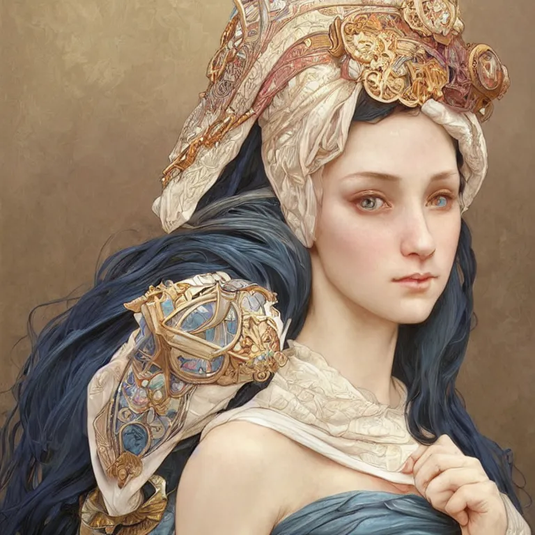 Image similar to Portrait of female cleric with kerchief covering her ears. Blue eyes, black hair, porcelain skin, full lips, high slanted cheekbones. Magical glow. Fantasy art by artgerm and greg rutkowski and alphonse mucha, intricate, elegant, highly detailed, dramatic lighting, digital painting, concept art, illustration, award winning on artstation, D&D, AD&D.