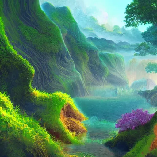 Prompt: digital painting of a lush natural scene on an alien planet by sachiko butou. ultra sharp high quality digital render. detailed. beautiful landscape. colourful weird vegetation. cliffs and water.