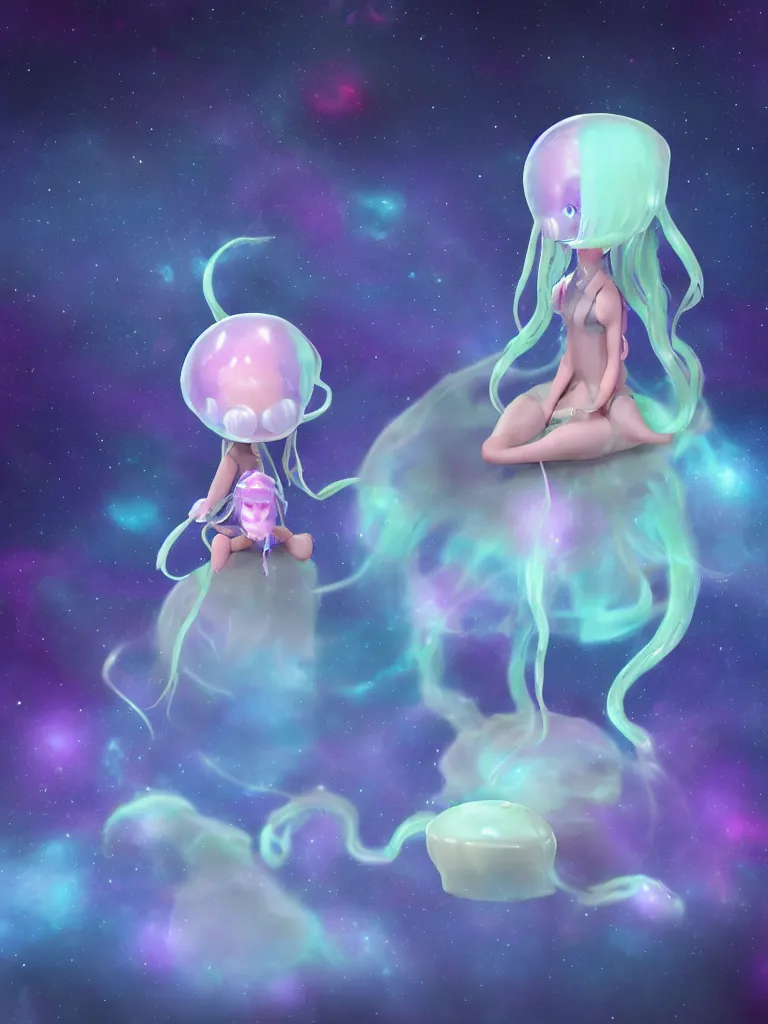 Image similar to cute fumo plush alien jellyfish girl sitting on a small island floating in the dark galactic abyss, heart eyes, vignette, vray