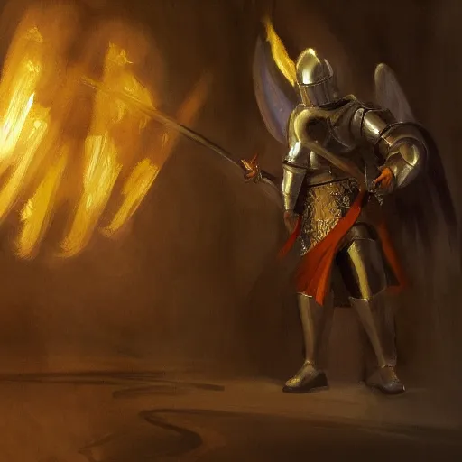 Image similar to a knight in a hall with an angel wing holding a sword of fire, digital oil painting, style of John singer Sargent, heroic, cinematic, indoor, warm lighting, godrays, concept art, highly detailed, trending on art station