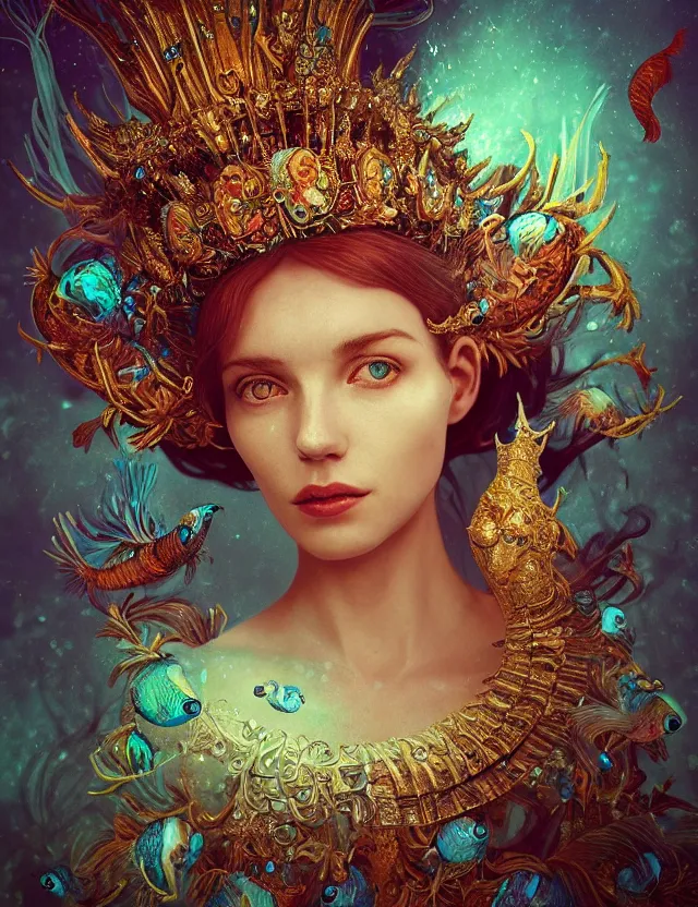 Image similar to blurred background. close-up portrait of a goddess in crown made of skulls. betta fish, phoenix, bioluminiscent creature, super intricate ornaments, by Anne Bachelier by Anka Zhuravleva, Anato Finnstark and Alena Aenami, Bruno Walpoth. unreal engine