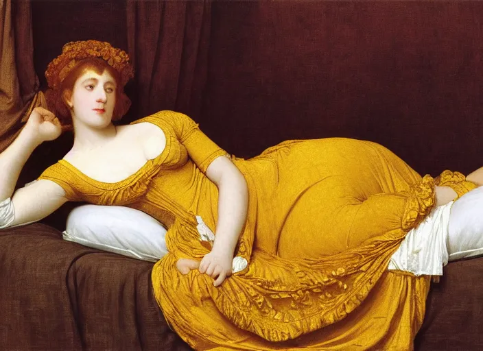 Image similar to portrait of lady reclining on bed wearing yellow ochre ornate medieval dress, foreshortening, framed, preraphaelite colour photography by frederic leighton, william morris, 8 k