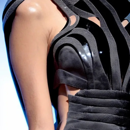 Image similar to close up of a fashion model with black Thierry Mugler dress in circuit style, official Thierry Mugler editorial, fall-winter 2015-2016, highly detailed