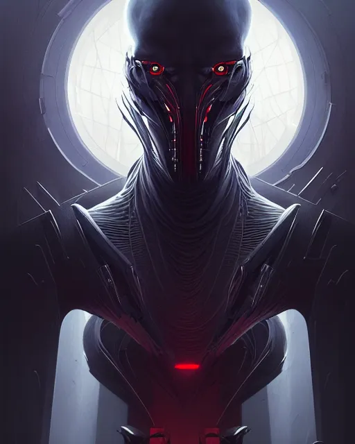 Image similar to professional concept art portrait of a predatory robotic villain in a dark room by artgerm and greg rutkowski. an intricate, elegant, highly detailed digital painting, concept art, smooth, sharp focus, illustration, in the style of cam sykes, wayne barlowe, igor kieryluk.