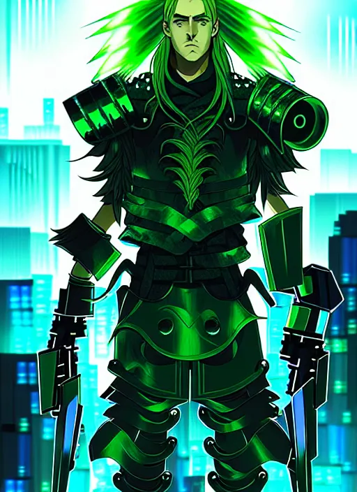 Image similar to a striking cinematic full body manga portrait of a male warrior with long blonde hair and blue eyes wearing evil green spiked cyberpunk armour and standing in the desolate burning ruins of a futuristic city by hirohiko araki and beeple, fine details, digital art, character concept art, volumetric lighting, cinematic light, photorealistic