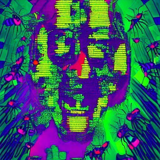 Image similar to plague of insects insect plague 🪰🪰🪰🪰🪰🪰🪰🪰🪰🪰🪰🪰🪰 bugs psychoactive 🪰. Silence of the lambs movie poster. radioactive. pixel glitching. cool hack cyberpunk. 🪰🪰🪰🪰🪰. psychadelic rainbow colors. superglitch. wallhack