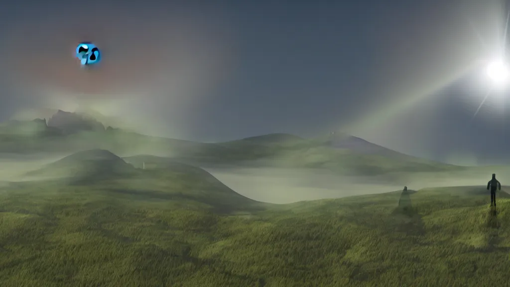 Image similar to matte painting of a nocturnal brocken spectre in the sky above the mystical green hill, with some silhouettes of hikers in the distance