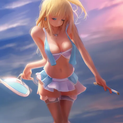 Image similar to full body shot : a very beautiful young blond tennis anime girl, most popular girl sky blue eyes,, bikini, miniskirt, highly detailed, cinematic wallpaper by stanley artgerm lau