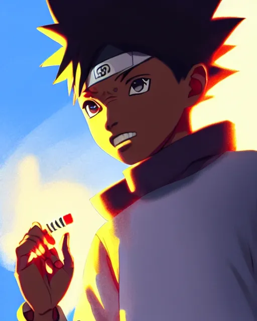 Image similar to 2 0 year old black man with short hair in naruto as a hidden leaf village ninja, smoking a joint, medium shot close up, details, sharp focus, illustration, by jordan grimmer and greg rutkowski, trending artstation, pixiv, digital art