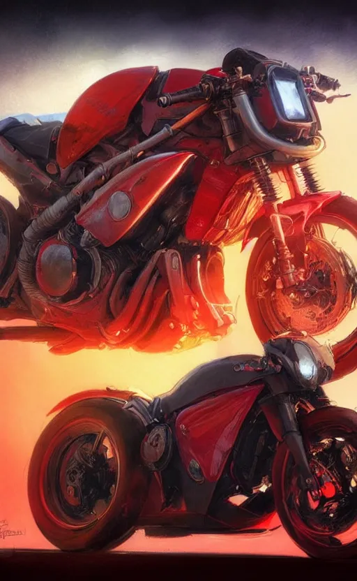 Prompt: a beautiful artwork illustration, concept art sketch of a mechanical motorcycle with red wheels, volumetric fog, godrays, high contrast, high contrast, high contrast, vibrant colors, vivid colors, high saturation, by Greg Rutkowski and Jesper Ejsing and Raymond Swanland, featured on artstation, wide angle, vertical orientation