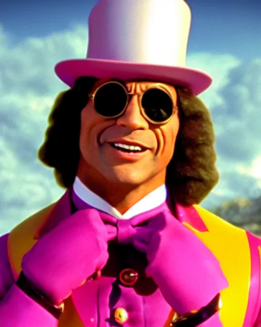 Image similar to Film still close-up shot of Dwayne Johnson as Willy Wonka from the movie Willy Wonka & The Chocolate Factory