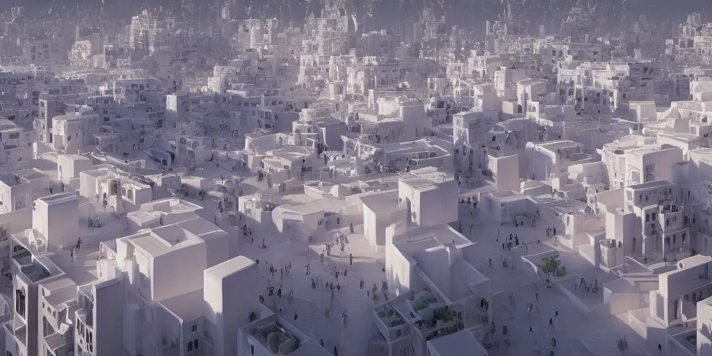 Image similar to Moroccan city, white buildings, by Leon Tukker, Makoto Kobayashi, synthetic light, people on the streets, utopia, perfect, futuristic, 8k high detail, masterpiece, trending on ArtStation